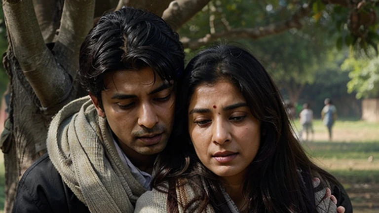 Arjun and Meera huddled under a tree, shivering.