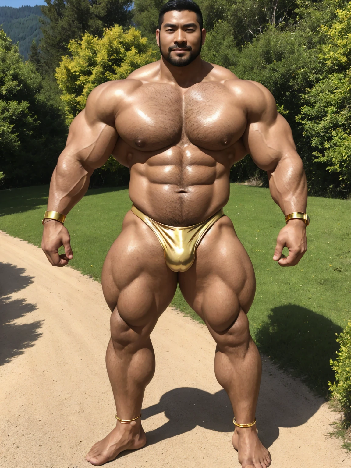 There is only one handsome Chinese man in the photo,35 years old,tall, Fitness,Smooth body,Smooth skin,No chest hair,short hair, O-Shaped Beard,Perfect body, Dark skin color,Radiant Skin,Smooth skin,Shiny, shiny skin,Smooth pectoral muscles,Muscle bulge, muscular, Very large pectoral muscles,Very sexy abdominal muscles,Very well-developed leg muscles,Huge concave and convex area,Brightens oily skin,Wearing a shiny gold leather thong,Handsome face,Normal human toes,Correct and accurate male body proportions,Gold Collar,Gold bracelet,Gold anklets,Standing in the Swiss landscape。