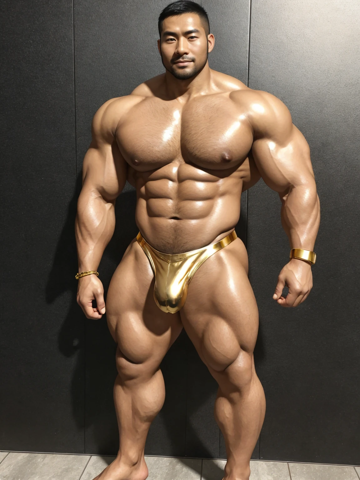 There is only one handsome Chinese man in the photo,35 years old,tall, Fitness,Smooth body,Smooth skin,No chest hair,short hair, O-Shaped Beard,Perfect body, Dark skin color,Radiant Skin,Smooth skin,Shiny, shiny skin,Smooth pectoral muscles,Muscle bulge, muscular, Very large pectoral muscles,Very sexy abdominal muscles,Very well-developed leg muscles,Huge concave and convex area,Brightens oily skin,Wearing a shiny gold leather thong,Handsome face,Normal human toes,Correct and accurate male body proportions,Gold Collar,Gold bracelet,Gold anklets,Standing in the Swiss landscape。