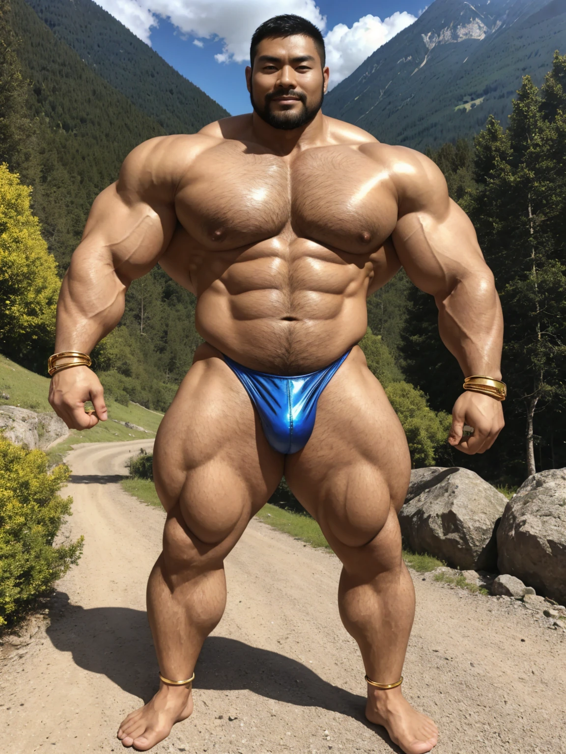 There is only one handsome Chinese man in the photo,35 years old,tall, Fitness,Smooth body,Smooth skin,No chest hair,short hair, O-Shaped Beard,Perfect body, Dark skin color,Radiant Skin,Smooth skin,Shiny, shiny skin,Smooth pectoral muscles,Muscle bulge, muscular, Very large pectoral muscles,Very sexy abdominal muscles,Very well-developed leg muscles,Huge concave and convex area,Brightens oily skin,Wearing a shiny gold leather thong,Handsome face,Normal human toes,Correct and accurate male body proportions,Gold Collar,Gold bracelet,Gold anklets,Standing in the Swiss landscape。