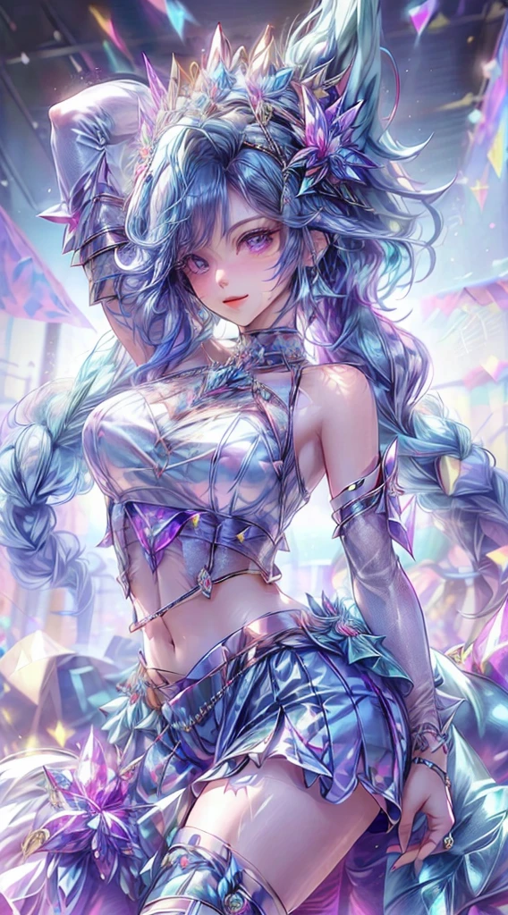 tmasterpiece，Highest high resolution，((((Bow your head and smile))))，Dynamic avatar of a beautiful aristocratic girl，Blue hair is gracefully curled，（((Wearing a crown of huge flowers、Bucket Hat，jewely，Diamond necklace)))，Purple clear eyes，(((Hair is covered with beautiful and delicate floral craftsmanship, Crystal Jewelry Filigree)))，Ultra-detailed details。sexy,seductress,queen of seduction