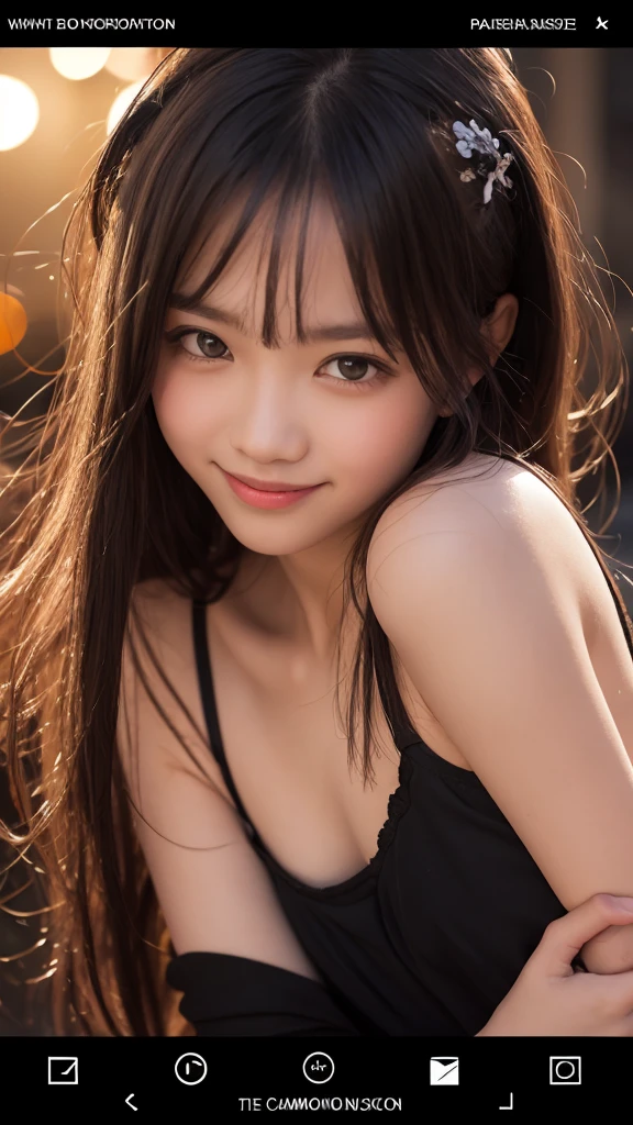 Master piece, highest quality, 8K, 10 year old student, ager, raw photo, unreasonable, award portrait, smile, solo, (night: 1.8), idol face, black underwear, delicate girl, upper body, digital SLR , Viewer's Eyes, Candid, Sleek, Thin Arms, Professional Lighting, Film Grain, Chromatic Aberration, (Eye and Face Details: 1.0), (Bokeh: 1.1), (Black Camisole: 1.2), Mouth Closed