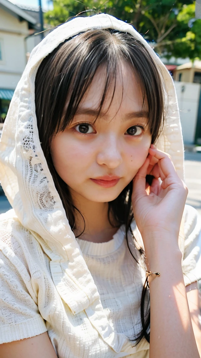 ((((Detailed explanation)))),(((masterpiece、Highest quality、Very detailed:1.42、Focus on the eyes)))、Female in her late s、Portraiture、Blurred cityscape at dusk、Silhouette of buildings and street lampedium length dark-brown hair、natural wavy curls、The wind is blowing softly、Some hair falls to the side of the face、Skin is smooth、Healthy olive color、The tan lines are faintly visible、Natural redness on the cheeks、I have a few small laugh lines on my forehead、Eyes with dark brown irises、The pupil is shining, Reflects light、Long curled eyelashes、Highlights the eyes、Eyebrows are thin and trimmed、Natural Arch、Small nose、straight、straight nose、lips are plump、soft pink lip gloss、Ultra-thin camisole、Barefoot and barefoot、A simple silver bracelet on her right wrist、A small diamond earring sparkles in her left ear..、The expression is calm、have confidence、smile、(((Emphasize the contrast between light and shadow)))、Realistic textures and facial details