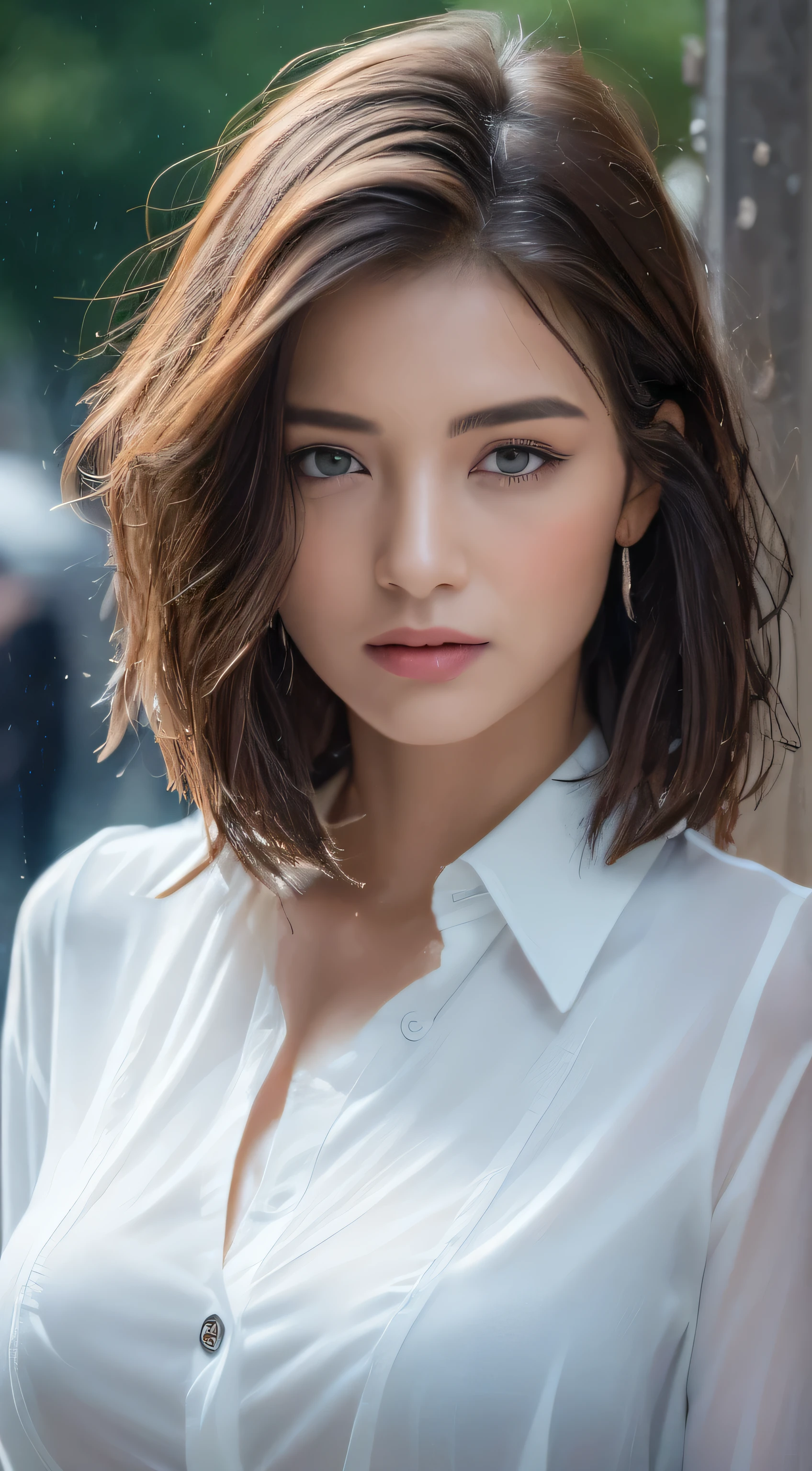 ((best qualityer, 8k, work of art: 1.3)), Spitz: 1.2, Perfect Body Beauty: 1.4, Skinny abs: 1.2, ((Layered Hairstyle, breasts big: 1.2)), (humida White Button Long Shirt: 1.1), (Raby, Street: 1.2), humida: 1.5, Highly detailed texture of face and skin, detailedeyes, Double eyelids, Side face looking at camera
