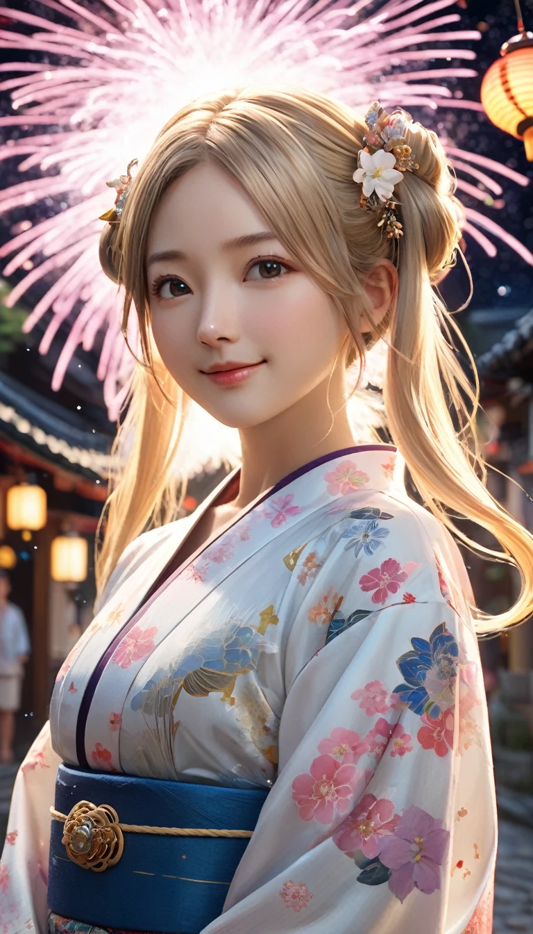 ((One personの女性)), Beautiful Face,Laugh shyly,((Wink:1.6)),laugh with a big mouth,turn bright red,Sweat on the face,Glossy pink lips,night,Shrine festival sexpensives,firework, ((Anime style background)),masterpiece, Highest quality, so beautiful, Latest, Complex details, (Pink long nails),AI-generated, Complex,High resolution, Highest quality, super high quality,3D Images、View your viewers、3D Images,One person,Long blonde hair,High Ponytail,blue eyes,Anime woman posing for a photo, [[fine grain、Colorful eyes、Shining Eyes:1.15]],(Squint your eyes:1.1),a hyperRealistic , hyperRealistic , Realistic,Blonde anime woman with long hair, Smooth anime CG art, A woman in a colorful kimono with gold embroidery, (Yellow kimono),Pink floral pattern,Long flower hair ornament,Big earrings,(Large Breasts:1.2),Mature Body,expensive,Big Ass,The finer details,Tight waist,Six Pack,Leaning forward,Exposed nipples,Cross your arms over your chest