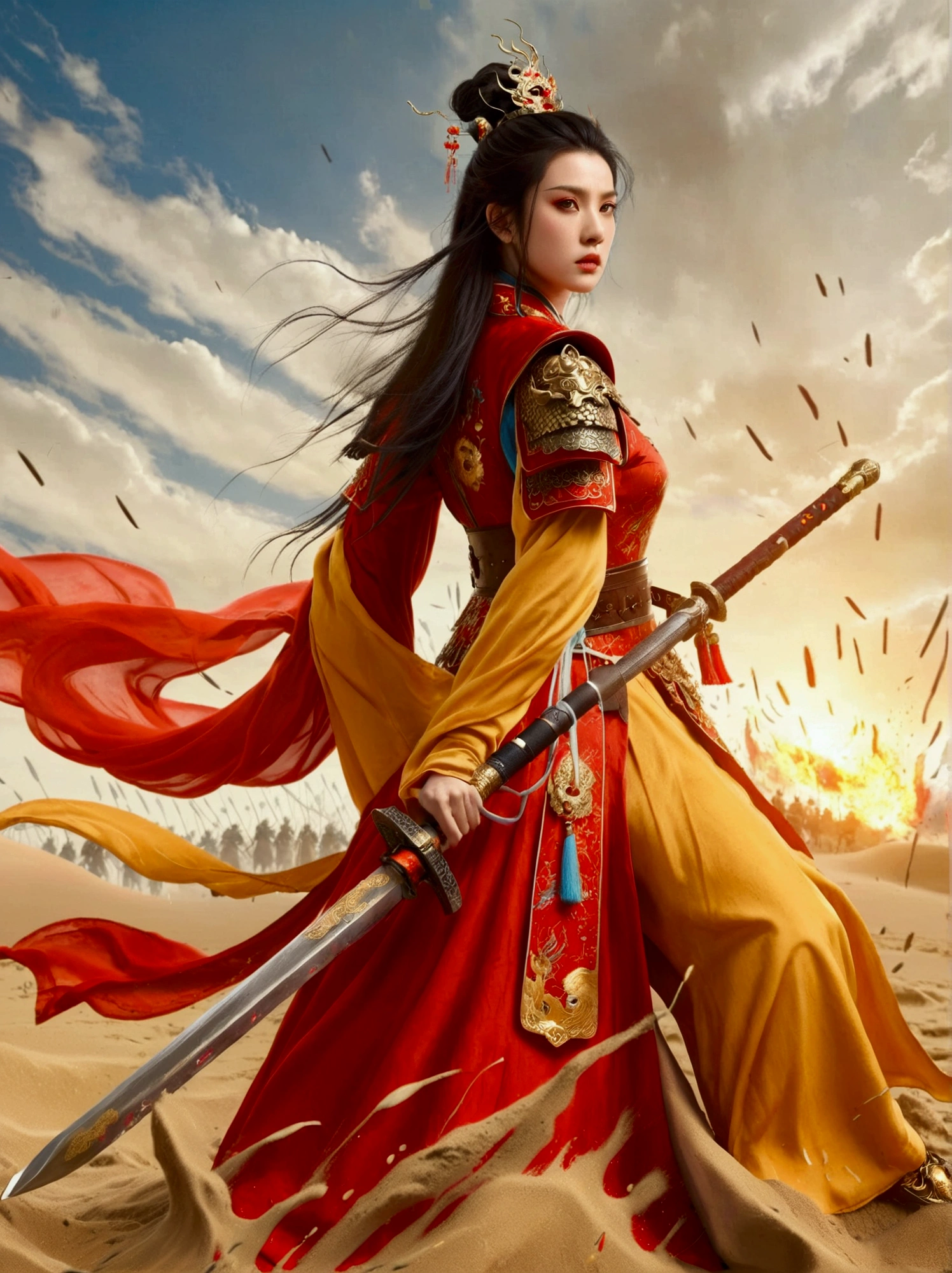 Chinese, Ancient battlefield, Chinese female general, holding a sword in her hand, Serious expression, whole body, Stunning facial features, Red robe, armor, boots, Yellow sand in the sky, Fire, Game Model, Stunning lighting, OC Rendering, Rim Light, Exquisite lighting, Very detailed, Epic creation, Ultra HD, best quality, masterpiece, high quality, 8k