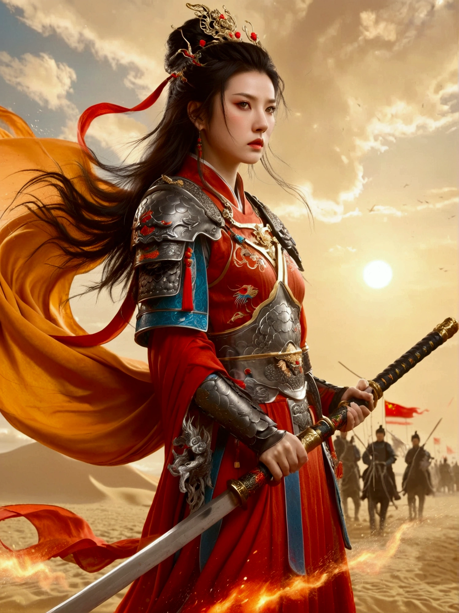 Chinese, Ancient battlefield, Chinese female general, holding a sword in her hand, Serious expression, whole body, Stunning facial features, Red robe, armor, boots, Yellow sand in the sky, Fire, Game Model, Stunning lighting, OC Rendering, Rim Light, Exquisite lighting, Very detailed, Epic creation, Ultra HD, best quality, masterpiece, high quality, 8k