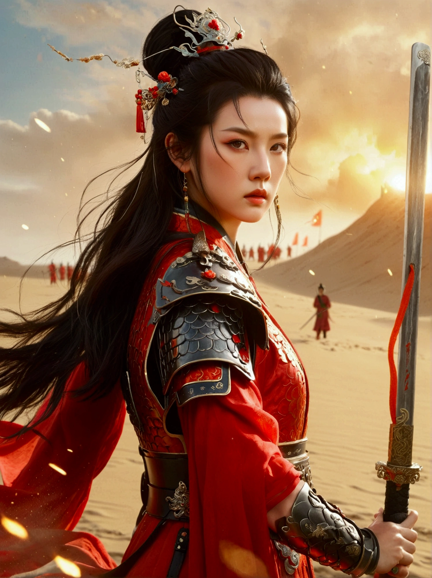Chinese, Ancient battlefield, Chinese female general, holding a sword in her hand, Serious expression, whole body, Stunning facial features, Red robe, armor, boots, Yellow sand in the sky, Fire, Game Model, Stunning lighting, OC Rendering, Rim Light, Exquisite lighting, Very detailed, Epic creation, Ultra HD, best quality, masterpiece, high quality, 8k