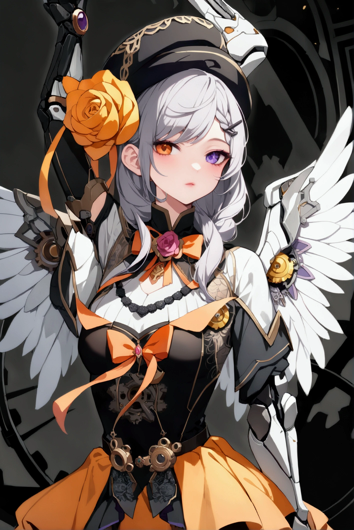 woman 160 cm tall, slim build, , charming look, ((heterocromia: look like, derecho naranja y look like izquierdo violeta)), (Shoulder Length Wavy Gray Hair, He has a medium braid on the left side of his hair on his chest., big open bangs, has a gear hairpin on the left side of the hair), (((complex mechanical legs up to the hip, The legs are black with gray parts with small pink details))), (((complex mechanical arms up to the elbows, The arms are black with gray parts with small pink details))), (complex mechanical angel wings of white color with dark gray parts), (elegant black French beret with an orange rose ribbon, golden gear in the beret next to the ribbon), (elegant thigh-length one-piece dress, short bell skirt, short sleeves, elegant black hip belt with orange parts, small rose brooch in the middle of the chest, beautiful stiletto heels with a medium ribbon at the back, blue and black ribbon decorations on the dress, small gears on the skirt of the dress), (((character design sheet: Front view))), (((Whole body))), extremely detailed beautiful hair, beautiful detailed dress, extremely detailed arms, extremely detailed face, (Extremely detailed hands), perfect hands, small face, hermosos look likes detallados, beautiful detailed lips, adorable, extremely detailed legs, (Best Quality, 8k, Ultra resolution), ultra detailed, Exquisite and epic character art, ((White background)), (Focus on symmetry).