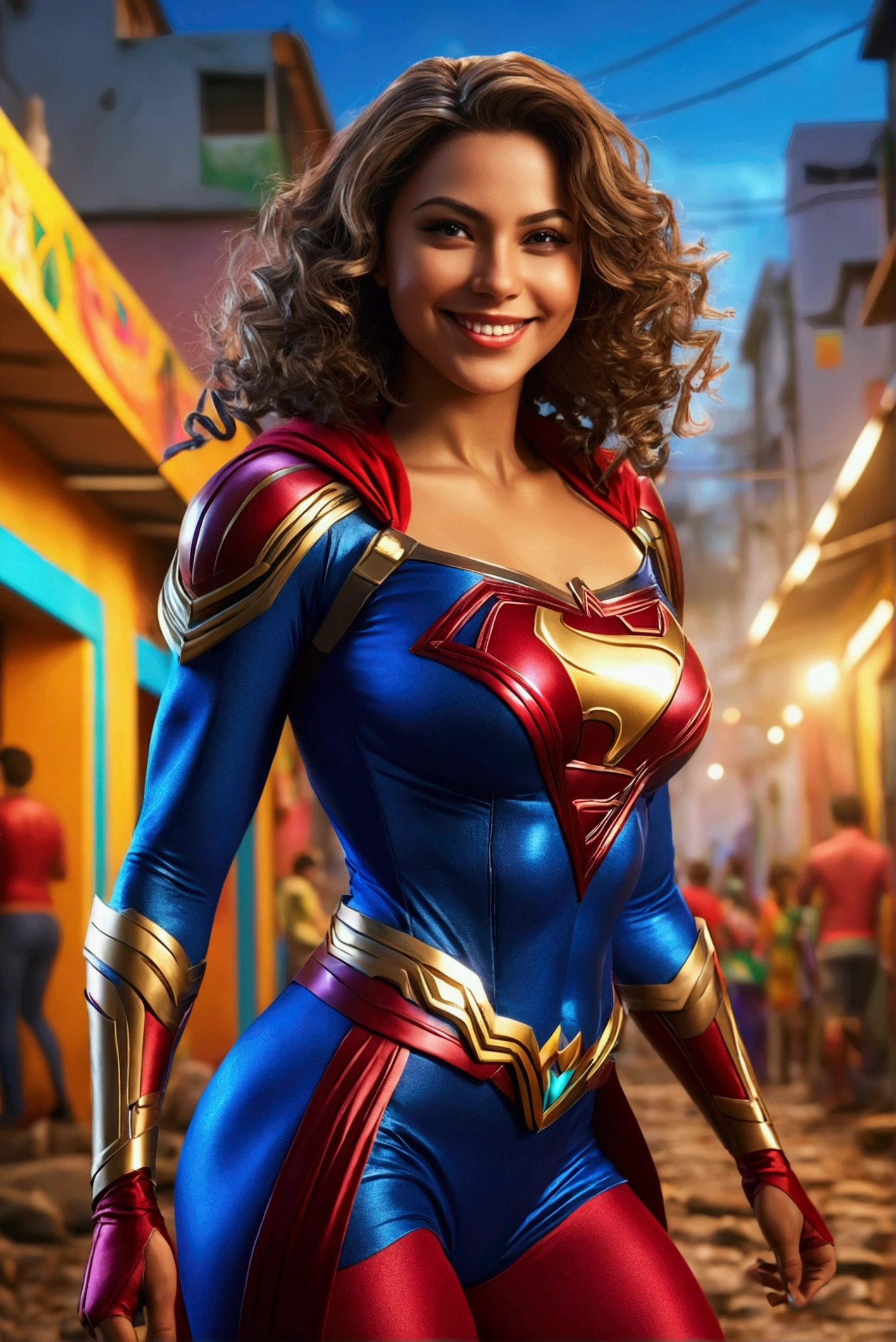 A beautiful smiling superheroine in Brazil, with a large butt, a well-toned body, and breasts almost visible, detailed face, intricate costume, complex background, dynamic pose, colorful vibrant atmosphere, cinematic lighting, highly detailed, 4k, hyper realistic, octane render, 8k, masterpiece
