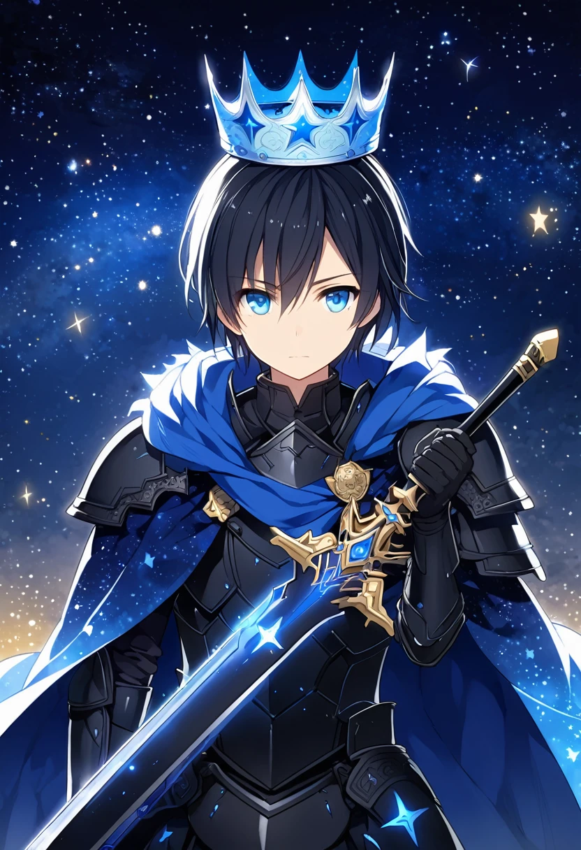 Solo-man, mid-20s, medium length black hair, blue eyes, black armor, blue glowing crown made of stars, blue starry cloak, (holding a black sword:1.3), starry night in background