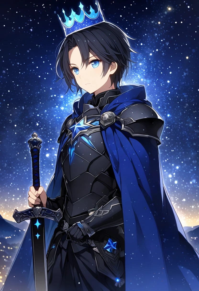 Solo-man, mid-20s, medium length black hair, blue eyes, black armor, blue glowing crown made of stars, blue starry cloak, (holding a black sword:1.3), starry night in background
