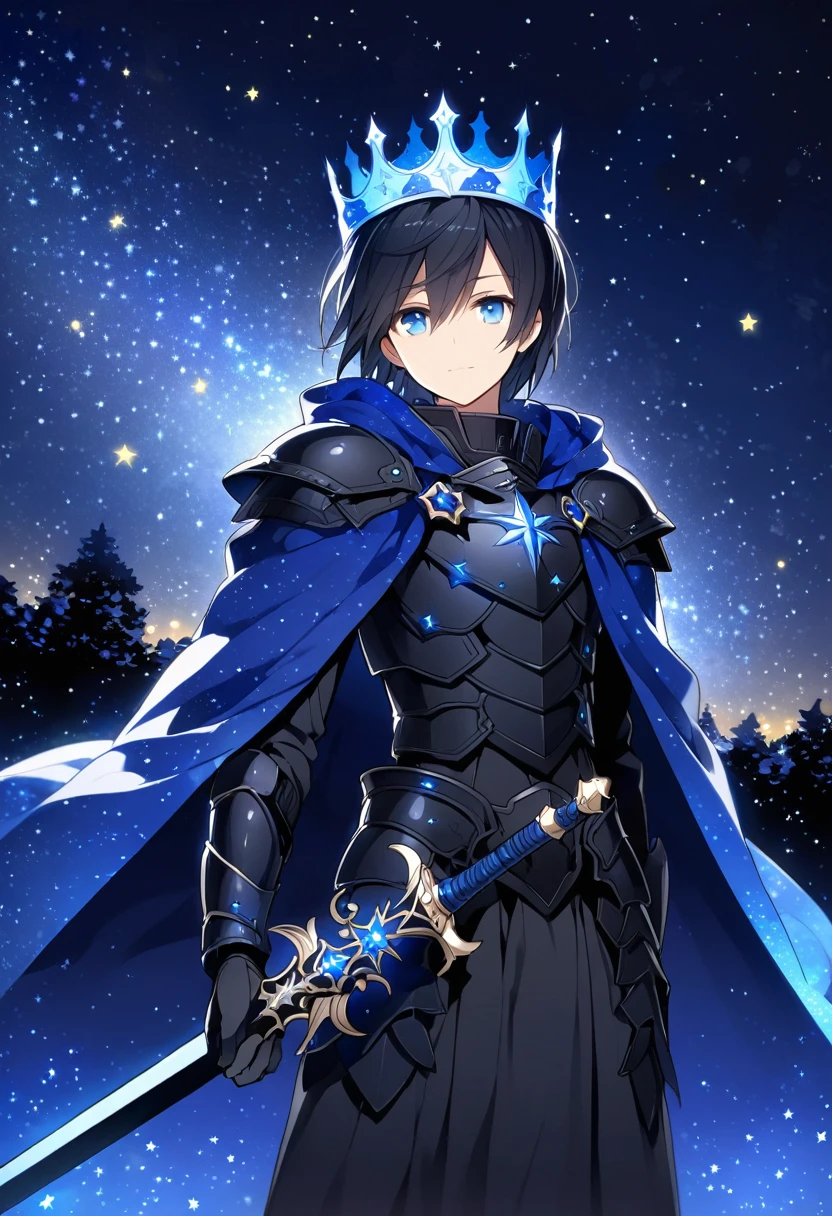 Solo-man, mid-20s, medium length black hair, blue eyes, black armor, blue glowing crown made of stars, blue starry cloak, (holding a black sword:1.3), starry night in background