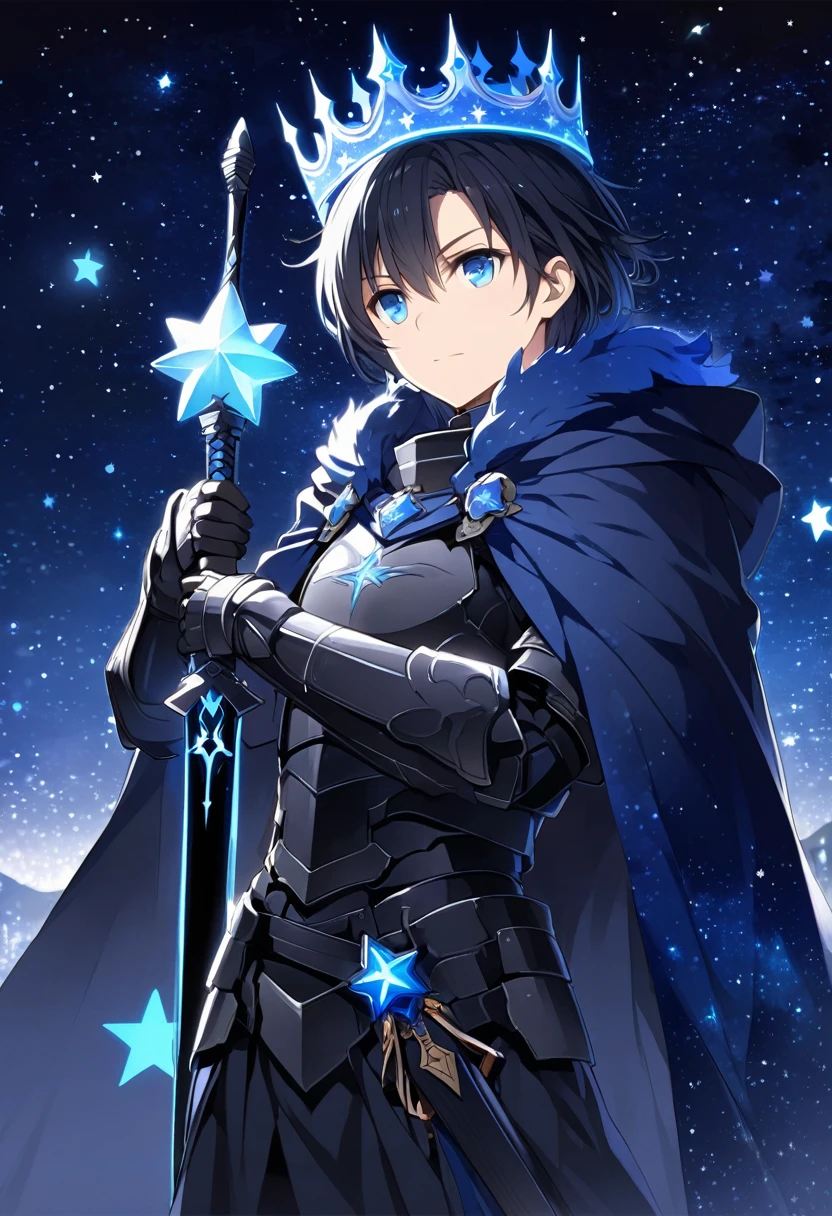 Solo-man, mid-20s, medium length black hair, blue eyes, black armor, blue glowing crown made of stars, blue starry cloak, (holding a black sword:1.3), starry night in background