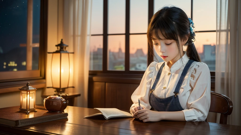 First-class quality，8K resolution，masterpiece，Fresh，Animated CG，Chinese  bows her head to read a book，Sitting at the table，Fashion suspender top，Fair skin，Bright colors，Summer Night，The background is a window，Night view outside the window