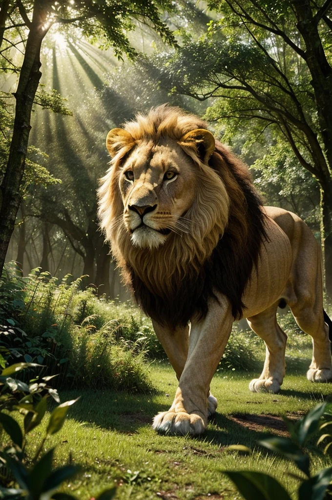 A majestic lion with white fur strolling through a lush green forest, sunlight filtering through the trees, casting a serene and magical glow."