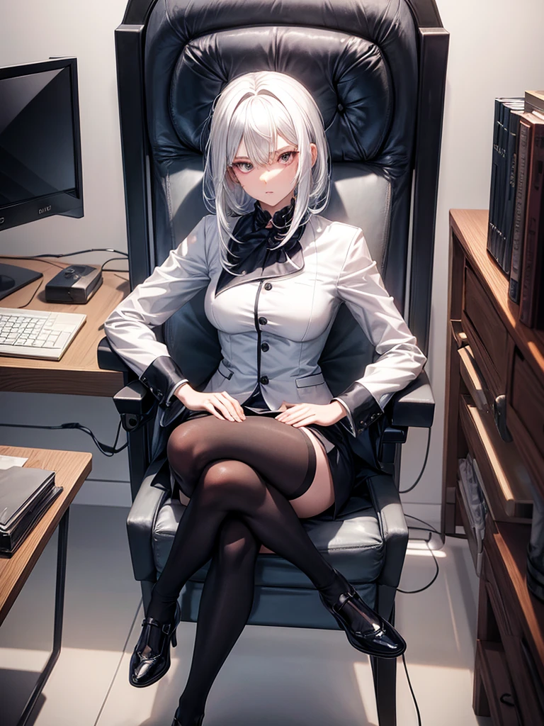 Anime woman with short unruly white hair with silver pupils dressed in Italian groomsman suit sitting on a chair in an office with crossed legs pose.
