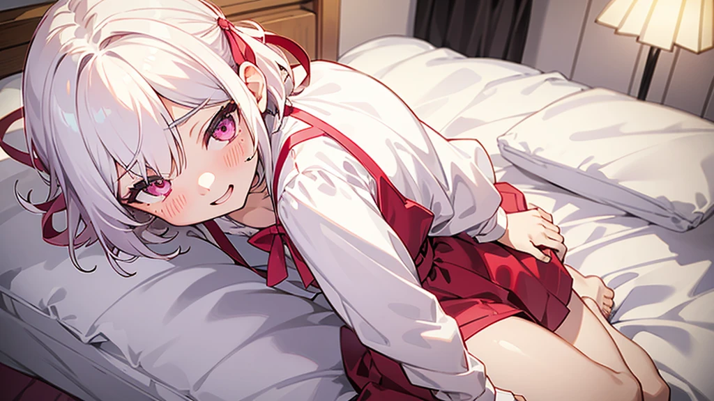 White Hair、Pink Eyes、Short Hair、laughing、Only one girl、alone、Cute、Face is close、laughing、Night、Lying in bed