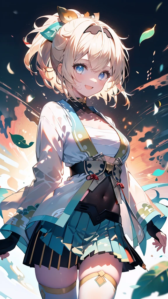 (Ultra-high resolution,masterpiece, Attention to detail, Highest quality), 8k,(1girl, kazama iroha, blonde hair, fingerless gloves, japanese clothes, white thighhighs, haori, black gloves, bangs, pleated skirt, ponytail, chest sarashi, Blue eyes, black hairband, hair ornament, leaf hair ornament, long sleeves, covered navel, ),(Blessed,Captivating body、Ultra-detailed skin、Super beautiful eyes、Detailed Background),One girl、 (cheerful ,enjoy :1.5),