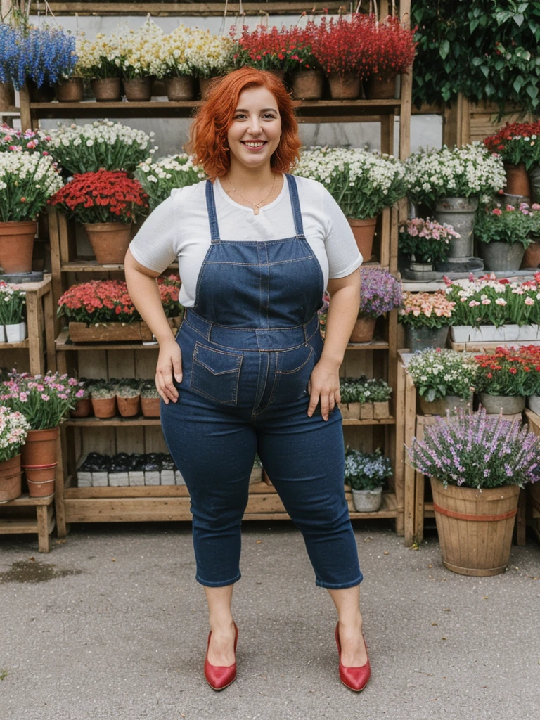 Xyrele, 1girl, solo, 30 years old, (((French face))), (((French nose))), (((French lips))), ((((chubby)))), (((wide hips))), (((red hair))), crinkly short hair, wearing starry casual designed modern wear, ((Background: Shopping at the outdoor flowershop)), ((upper body and upper legs)), smiling