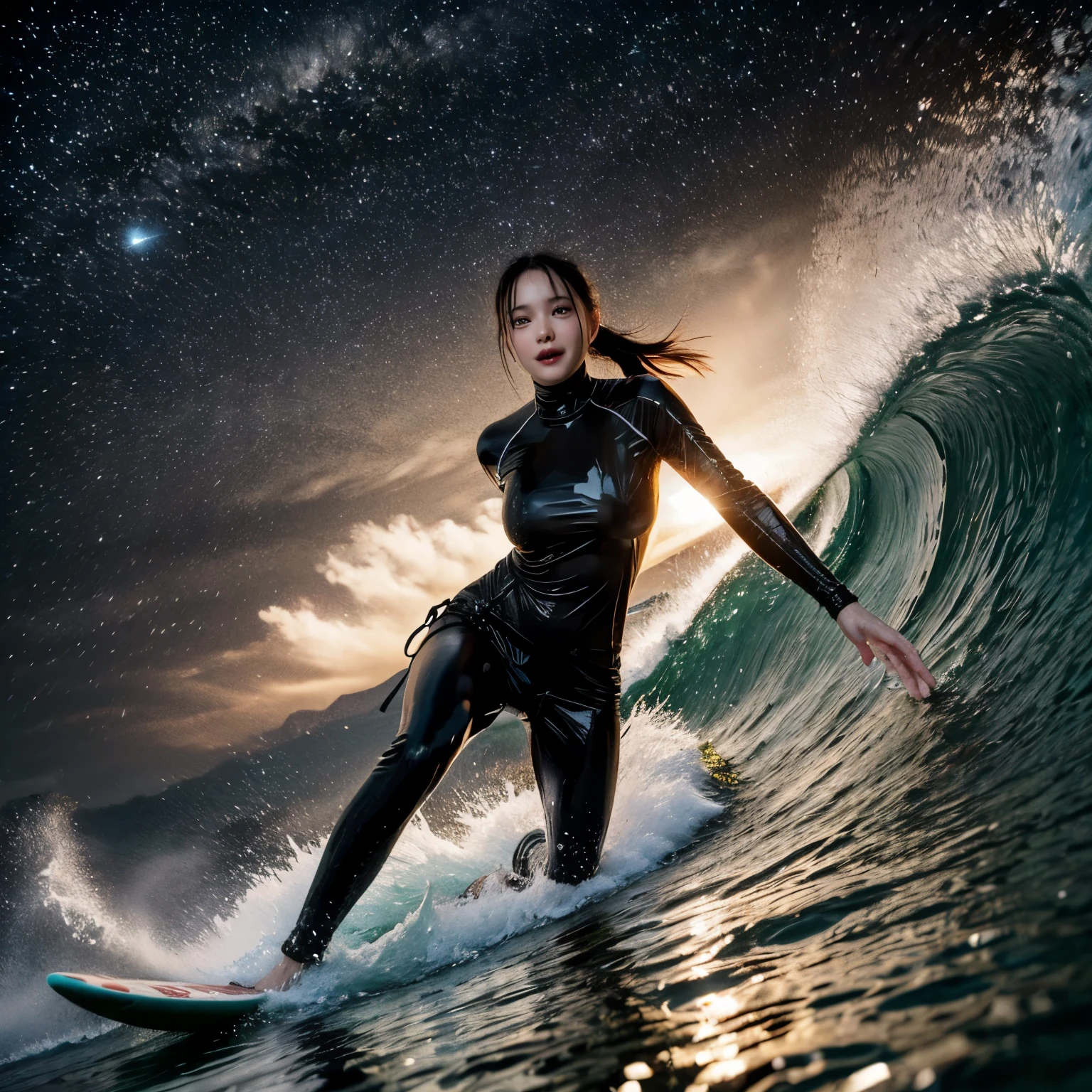 (ZoomedOut:1.28, Wide-shot) ZoomLayer (Epic photo of surfer magazine:1.37). (Full of Water, Everything Wetted:1.4) WetHair (extremely detailed Cute Girl in RED)(SparklingHighlights:1.28), Dynamic Joyful Expressions LifeLike Rendering (ManoErina:1.0) . Overflowing Gigantic Sideboob (Clearly Visible Beautiful Breast to Buttocks Line) Tiny and Roundly Butt, Detailed wet clothing texture, (Sloppy Surfboard:-1.2) Riding on waves, Sparkling water, TyndallEffect(Starry Water Particles:1.32), Whole Body proportions and all limbs are anatomically accurate