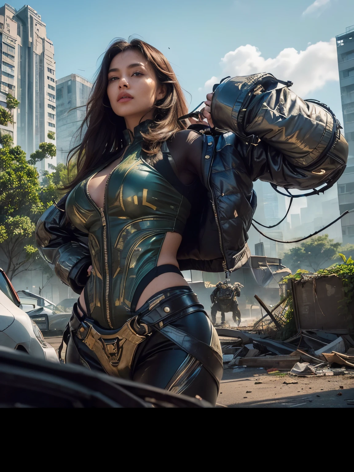 (Highest quality, Ultra HD, 16k, Masterpiece) A powerful girl stands at the forefront of a lush, metropolis city backdrop, reminiscent of a futuristic urban jungle. The scene is a medium to long shot, capturing both the protagonist and the expansive, vibrant environment around her. She gazes upwards with a determined and awe-inspiring expression, embodying strength and resilience. She wears a fitted t-shirt under a stylish jacket, holding a lot of weapons, highly futursitic costume, her attire blending practicality with a touch of elegance. Her posture is firm, and her hair is windswept, adding to her dynamic presence. The jacket has subtle details such as patches and utility pockets, complementing her confident stance. Towering behind her is a giant Indian animal, reimagined with a blend of mythological grandeur and futuristic enhancements. The creature, is a majestic beast, similar to a huge gorilla, mecha gorilla, or mecha king kong, is adorned with intricate armor and glowing elements, standing protectively over the girl. Its eyes exude wisdom and power, reflecting the ancient strength it embodies. The background showcases a metropolis teeming with both advanced technology and abundant greenery. Skyscrapers, draped in lush vines and blooming flowers, stand amidst the wreckage of a recent battle. The cityscape is a juxtaposition of nature reclaiming its space and technological marvels, with flora weaving through the concrete and steel structures. Smoke and ash rise from areas of destruction, hinting at the fierce conflict that took place. Debris and remnants of destroyed vehicles scatter the ground, adding to the chaotic yet vibrant scene. Despite the destruction, the overall atmosphere is one of renewal and resilience, with nature thriving amidst the ruins. The lighting is dramatic, with intense contrasts highlighting the textures of the girl’s attire, the majestic animal, and the lush greenery around them. Sunlight filters through the canopy of foliage, casting