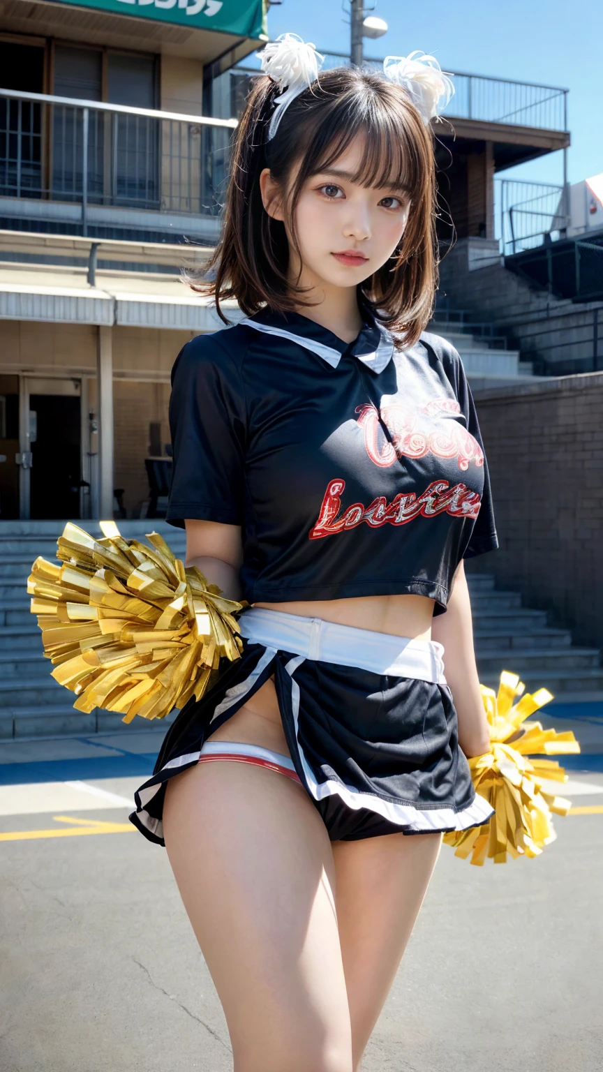 masterpiece, best quality, illustration, Super detailed, fine details, High resolution, 8K,wall paper, perfect dynamic composition,(Details High quality, realistic depiction of eyes:1.3), hotel room, (cheer girl:1.5),(a miniskirt), to stand、large breasts,short bob hair, black hair color, Big Natural Color Lip, bold sexy pose, crying a little、Harajuku style、20 year old girl、cute type、ta、beautiful legs, hposing Gravure Idol