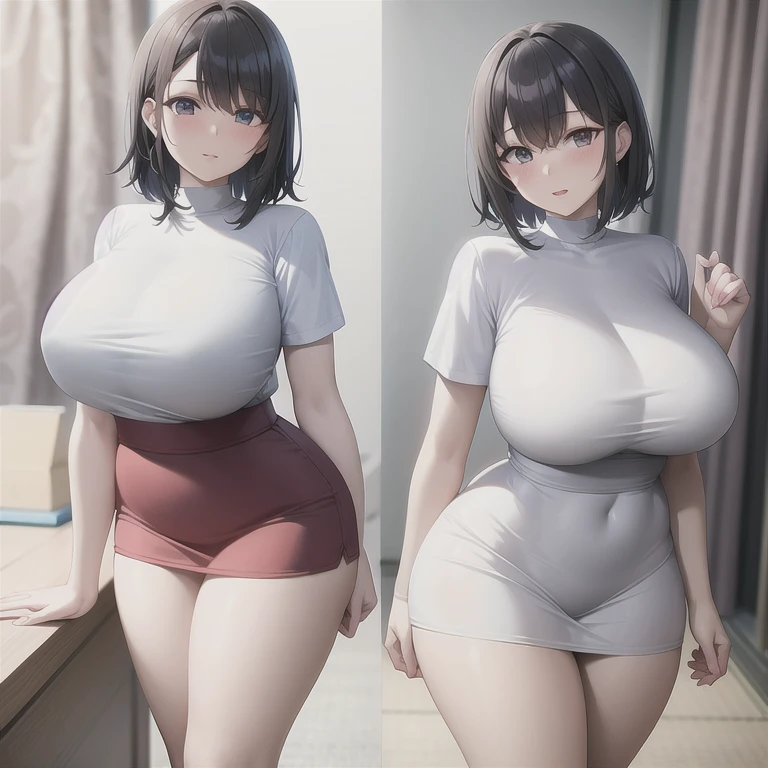 (masterpiece, best quality:1.2), (8k, best quality, masterpiece, Golden Ratio Composition,:1.3), woman, (Beautiful Japanese woman in her 40s), (Busty woman), (Thick thighs), (Smooth long legs), (Wearing a white shirt,:1.2), (Huge breasts), (Snow-white long legs), Soft face line，Gentle，Silver short hair,