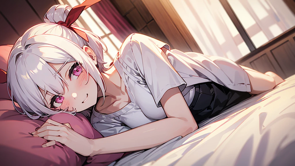 White Hair Girl、Pink Eyes、Short Hair、Only one girl、Night、In the bedroom、Blushing、laughing、Excited、Just One、Sitting on the bed、Wearing only underwear、Sweating、nsfw