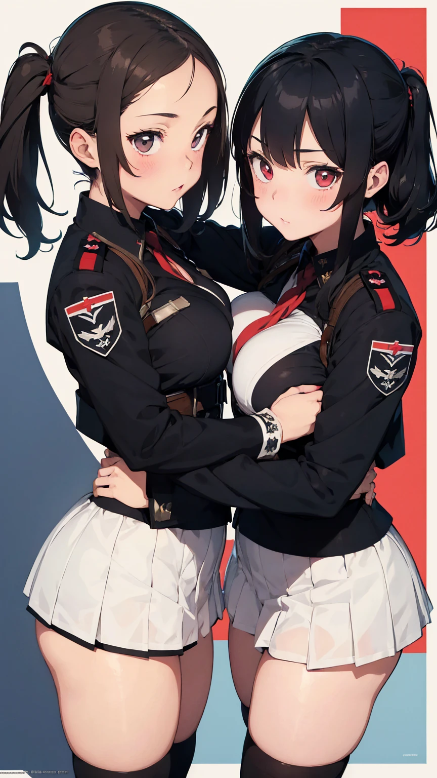 Propaganda poster. Gestapo uniform, female lesbian kawaii sisters kissing passionately wearing Luftwaffe uniforms. 8k. masterpiece. best quality. best artwork. lingerie. swastika insignia. busty bare breasts. embarrassed