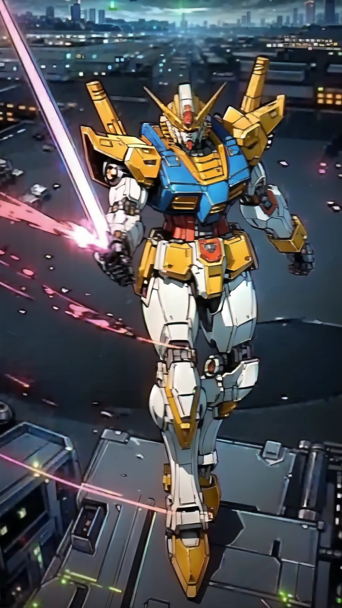 (masterpiece:1.5, best quality:1.5, extremely delicate:1.5), humanoid Mecha, fully enclosed shoulder guards, matching arm and leg guards, full body, full armor, the design balances heavy with agility, (the color scheme is primarily white with red and blue accents, the concept Inspired by Super robot, organic biotech armor, standing, floating high above the futuristic sci-fi city), exquisite and mature art style, (aura effect, energy, glowing eyes, the armor glows), metallic, dramatic, high definition, highres, ultra-detailed, ultra-fine painting, professional, perfect body proportions, anatomically correct, symmetrical face, extremely detailed eyes and face, high quality eyes, creativity, RAW photo, UHD, 32k, Natural light, cinematic lighting, masterpiece-anatomy-perfect