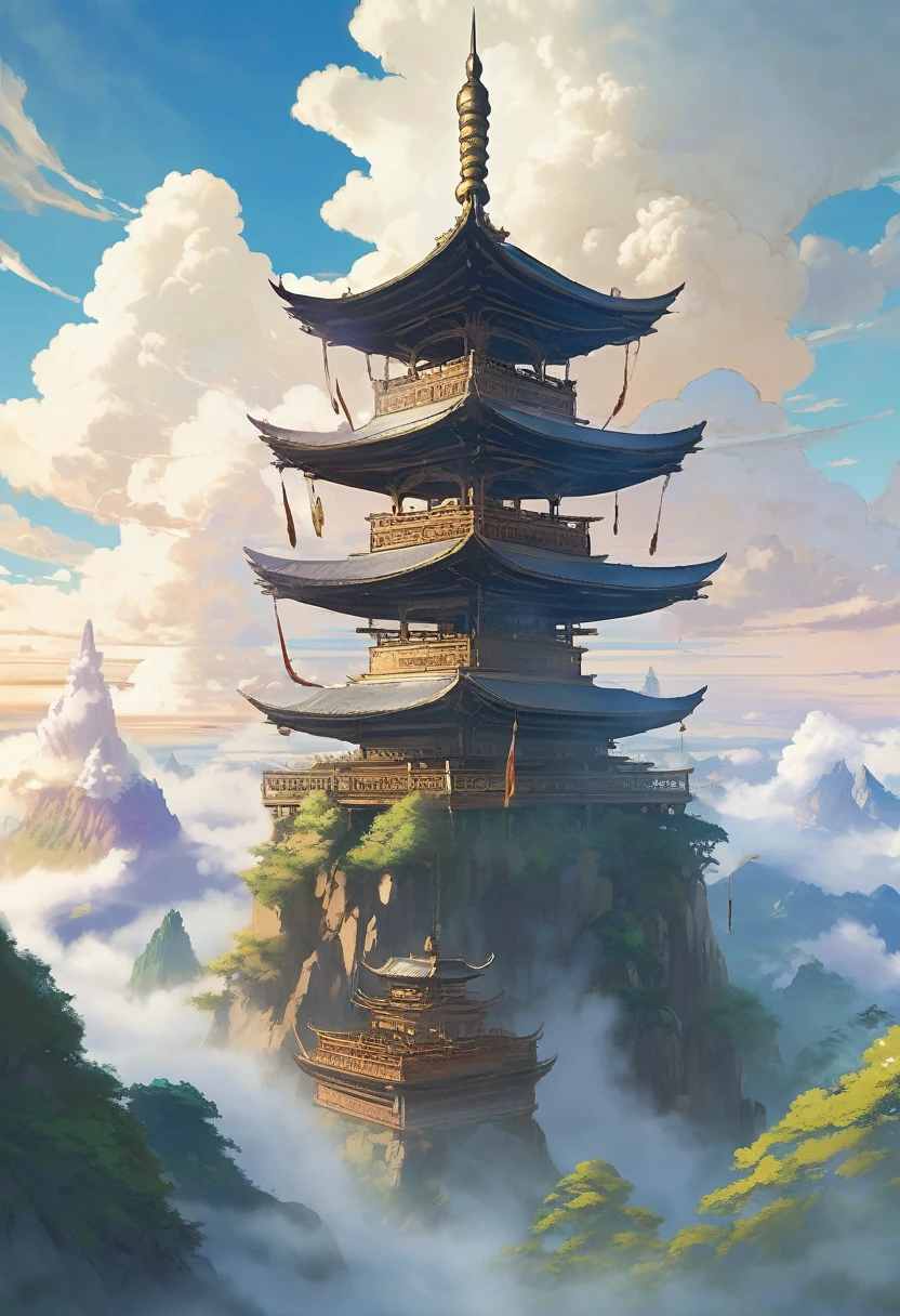 The land of misted bells, Massive bronze prayer bells hanging across a sea of mist, Mythical buddhist realm, Pure White color scheme, Heavenly colors only, White and Bronze, Made in Abyss, Stormlight Archive, Studio Ghibli, Anime Key Visual, by Makoto Shinkai, Deep Color, Intricate, 8k resolution concept art, Natural Lighting, Beautiful Composition, Xianxia style