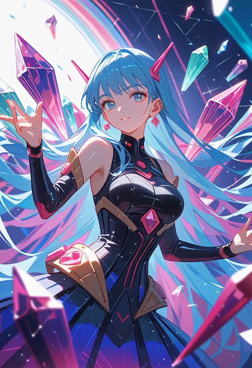 (Fraction_9,Fraction_8_Direction_7_up),1 a woman,（（（bust）））,Anime girl with long hair and blue eyes on futuristic background, Gold glass clothes，Pink Blue Colorful，Glass dark skirt，Qatar, Iconic Character Splash Art,  Crystal skin, Kushat Krenz Key Art Women, , Style Art,  Official ink art, Broken glass，