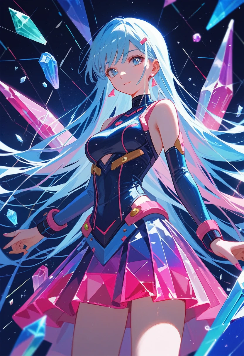 (Fraction_9,Fraction_8_Direction_7_up),1 a woman,(((bust))),Anime girl with long hair and blue eyes on futuristic background, Gold glass clothes,Pink Blue Colorful,Glass dark skirt,Qatar, Iconic Character Splash Art, Crystal skin, Kushat Krenz Key Art Women, , Style Art, Official ink art, Broken glass,