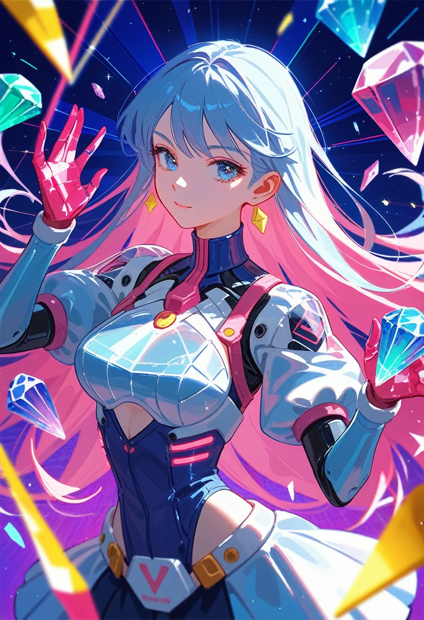 (Fraction_9,Fraction_8_Direction_7_up),1 a woman,（（（bust）））,Anime girl with long hair and blue eyes on futuristic background, Gold glass clothes，Pink Blue Colorful，Glass dark skirt，Qatar, Iconic Character Splash Art,  Crystal skin, Kushat Krenz Key Art Women, , Style Art,  Official ink art, Broken glass，