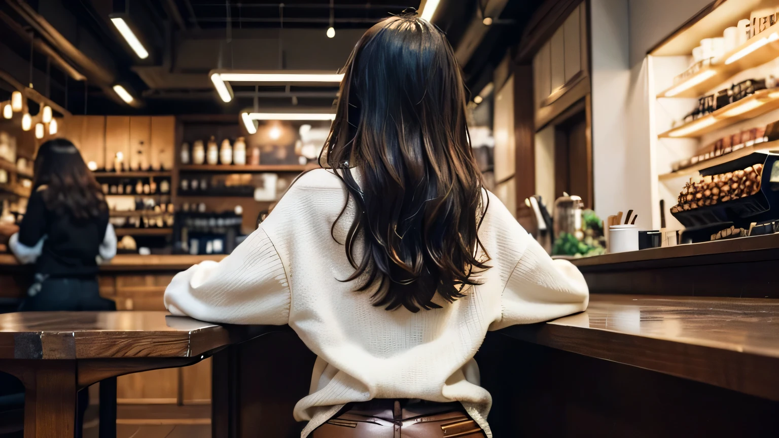 Hyperrealistic, cinematic quality, futuristic coffee shop video. A cyberpunk atmosphere. The interior is a mixture of antique and hyper-futuristic. The store is crowded with many female customers. Japanese beautiful girl: ((back-view)), ((faceless)), 25-year-old Japanese girl with long wavy brown hair. wearing a beige sweater and long white pants. SCENE: The woman is happy with her hands on her cheeks, indicating her excitement at meeting the man of her dreams. Main Description Appearance: Wavy brown hair, beige sweater and long white pants. Emotion: Her body language clearly conveys excitement and joy.
