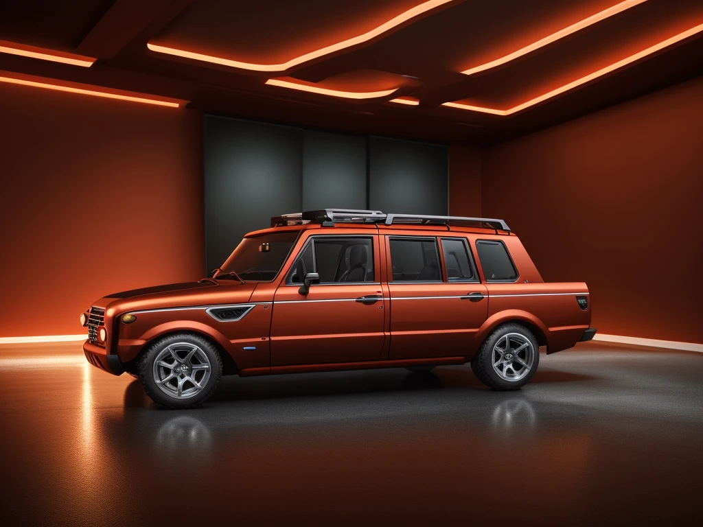 detailed modern futuristic UAZ Hunter in rusty-red color for city with perfomance version, highly detailed, cinematic lighting, hyper realistic, 8k, photorealistic, best quality, cinematic composition, dramatic atmosphere, advanced technology, glowing holographic displays, sleek metallic surfaces, advanced aerodynamic design, complex machinery, intricate details, elegant curves, vivid colors, neon highlights, advanced digital interface, seamless integration of technology