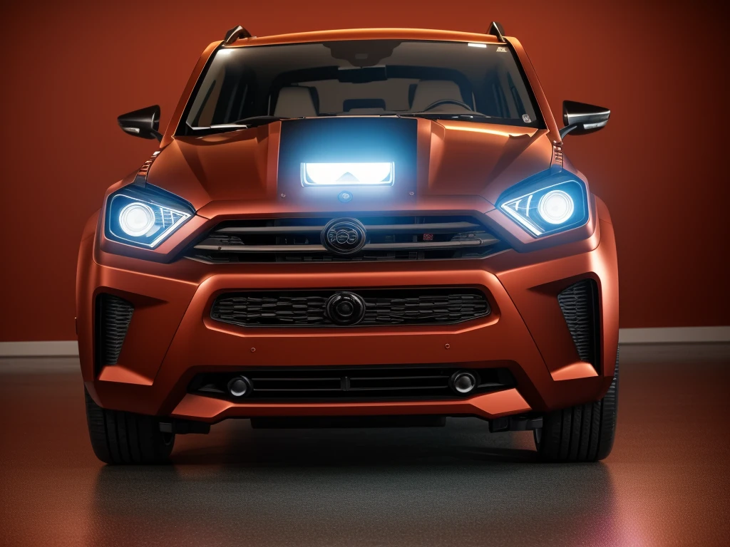 detailed modern futuristic UAZ Hunter in rusty-red color for city with perfomance version, highly detailed, cinematic lighting, hyper realistic, 8k, photorealistic, best quality, cinematic composition, dramatic atmosphere, advanced technology, glowing holographic displays, sleek metallic surfaces, advanced aerodynamic design, complex machinery, intricate details, elegant curves, vivid colors, neon highlights, advanced digital interface, seamless integration of technology