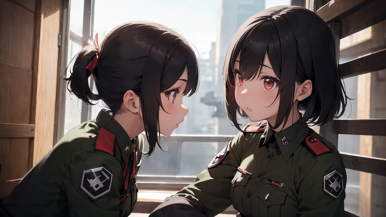 Gestapo uniform, female lesbian kawaii sisters kissing passionately with T-54 military tank. wearing Luftwaffe uniforms. 8k. masterpiece. best quality. best artwork. lingerie. Swastika insignia red armband. bare breasts