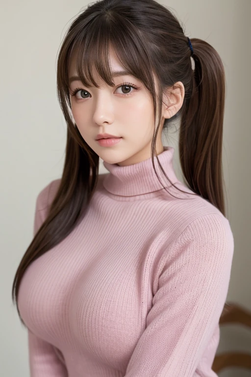 masterpiece, Best Quality, 8K, 20 yo, huge breasts, cuddly, Solo, sad, Cute, Girly, Delicate girl, Neat and clean beauty, Raw photo, Professional Photography, Portrait, Soft light, Professional Lighting, Back lighting, Upper body, front view, Sophisticated, Film grain, (Eyes and faces with detailed:1.0), (big breasts:1.3), short length floating hair, beautiful flowing hair, bangs, The hairstyle is twin tails, wearing a pink turtleneck sweater
