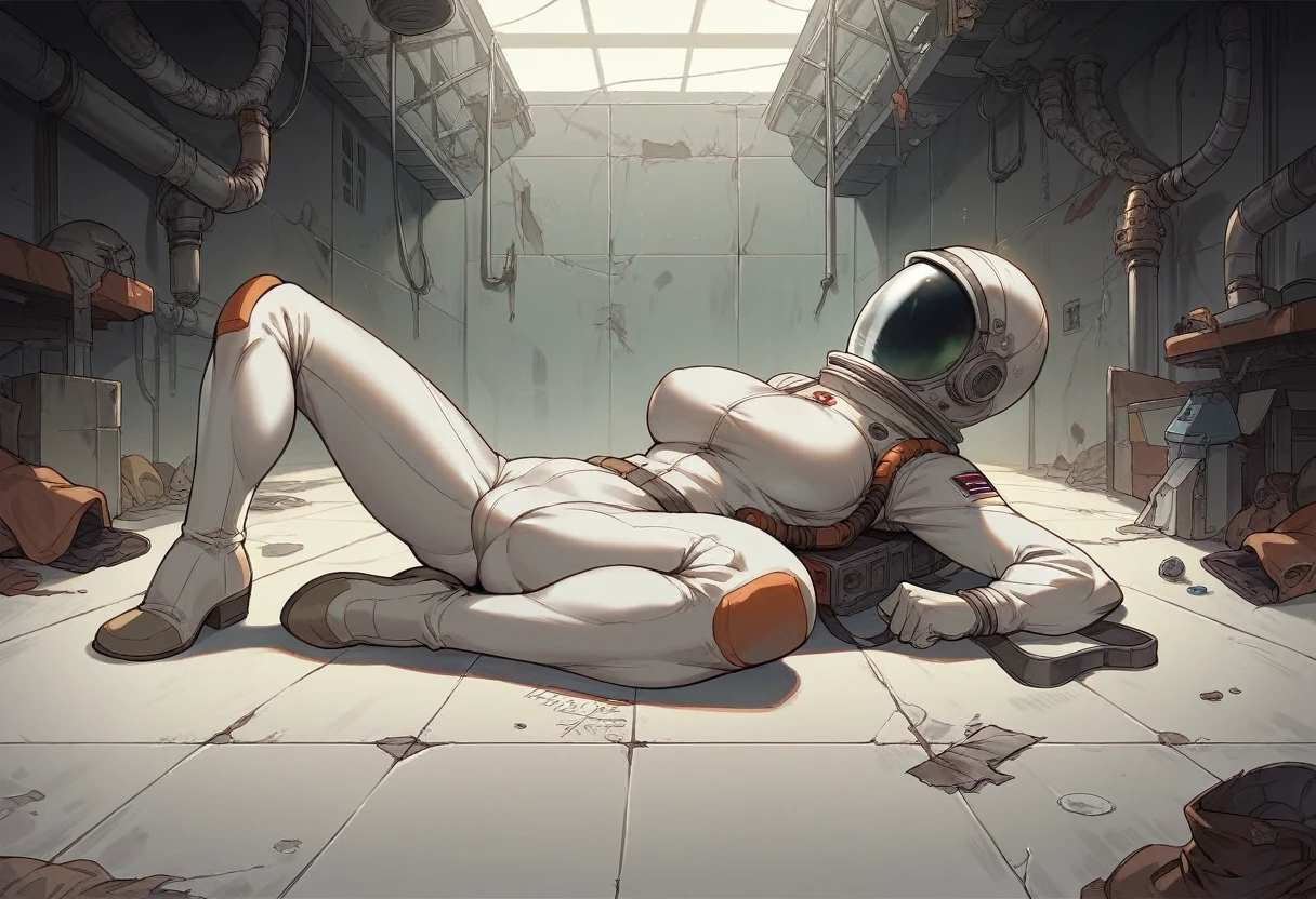 Masterpiece , best quality , Masterpiece , best quality , 1 woman , astronaut suit , wear a hat , big breasts , abdomen , Beautiful legs , Lie down on the floor. , Attacked. , wound , Spread your legs , shoe , full body , abandoned factory
