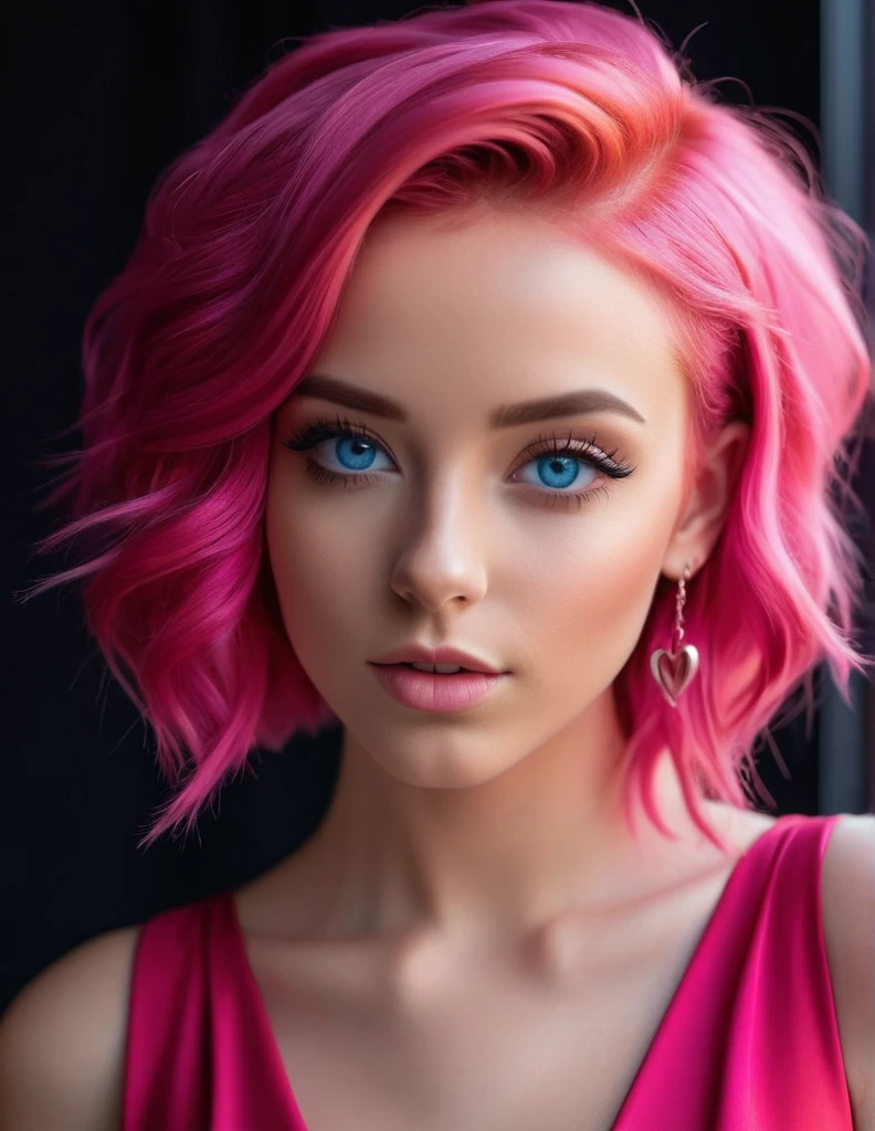 Very attractive 25 year old female with bright pink hair,beautiful english woman with really cute eyes and a youthful warm facial expression ((detailed blue eyes)) ((detailed heart shaped face)) she has bright pink hair and nice glowing skin((detailed skin)) ((lifelike skin)) she has a sharp nose with a ((nose ring)) and sharp pupils ,she is wearing a short ((detailed ruched asymmetrical red dress)),(perfect hourglass shape )very pretty English girl (bright pink hair) ,standing at a photography studio , ((professional lighting )) high quality photo,UHD,8K,((hyper-realistic)) hyperrealistic,dslr,Fujifilm, ((very detailed)) ((ines c dos santos))