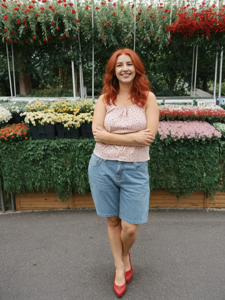Xyrele, 1girl, solo, 30 years old, (((French face))), (((French nose))), (((French lips))), ((((chubby)))), (((wide hips))), (((red hair))), crinkly short hair, wearing starry casual designed modern wear, ((Background: Shopping at the outdoor flowershop)), ((upper body and upper legs)), smiling