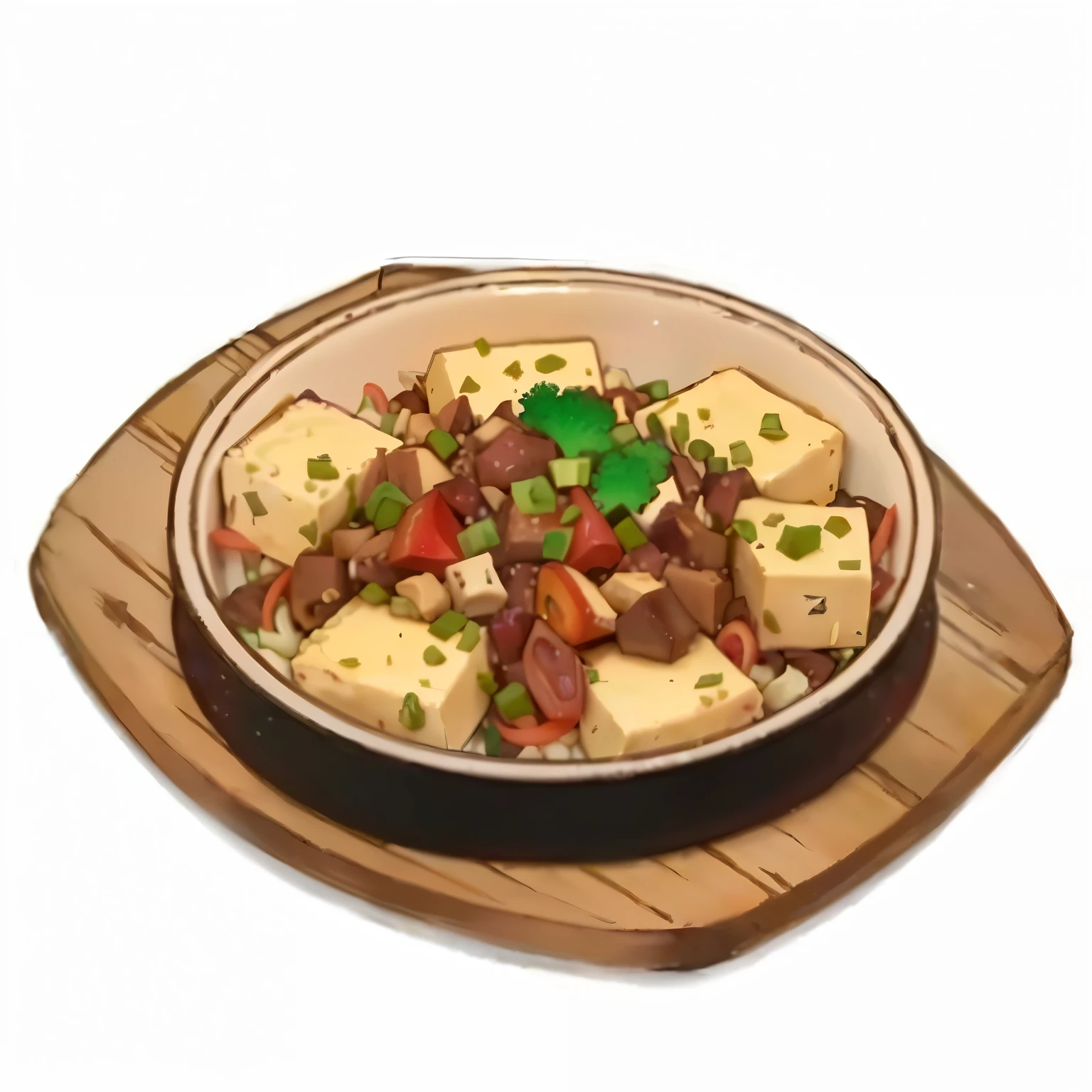 There is a bowl of food,Topped with tofu and vegetables, Map Tofu cartoon, Map Tofu, Tanjiro, daopao, Anime Food, delicious food, Okame, On wooden plate, Black person, Cooking program, ❤🔥🍄🌪, bowl filled with food, Cangyue, Miyamoto Abduzid