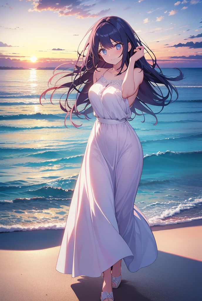 A beautiful elegant girl dances against a background of sunset in a beautiful dress on a paradise beach
