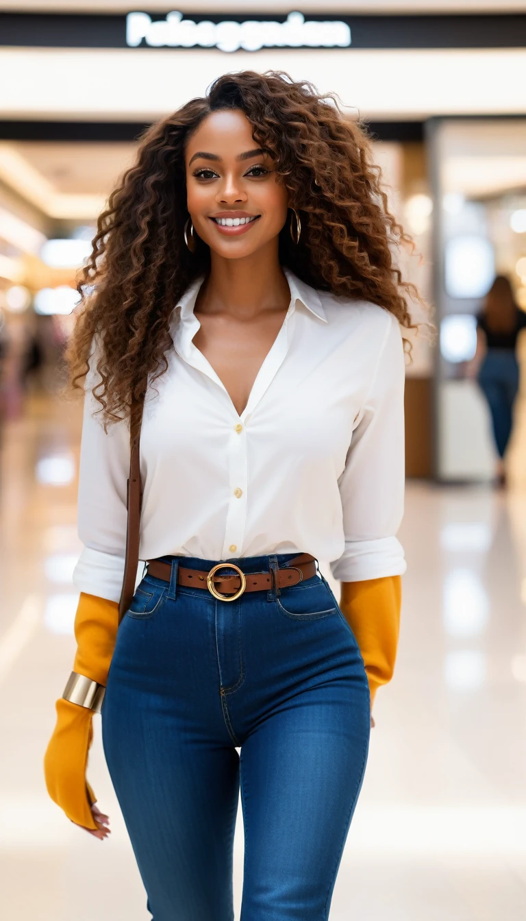 (best quality,4k,highres, highres face details), Bina, African American 30-year-old, with long brown curly hair, wearing a white buttoned-up shirt, Instagram model, walking in the mall going to a photoshoot with a beautiful smile