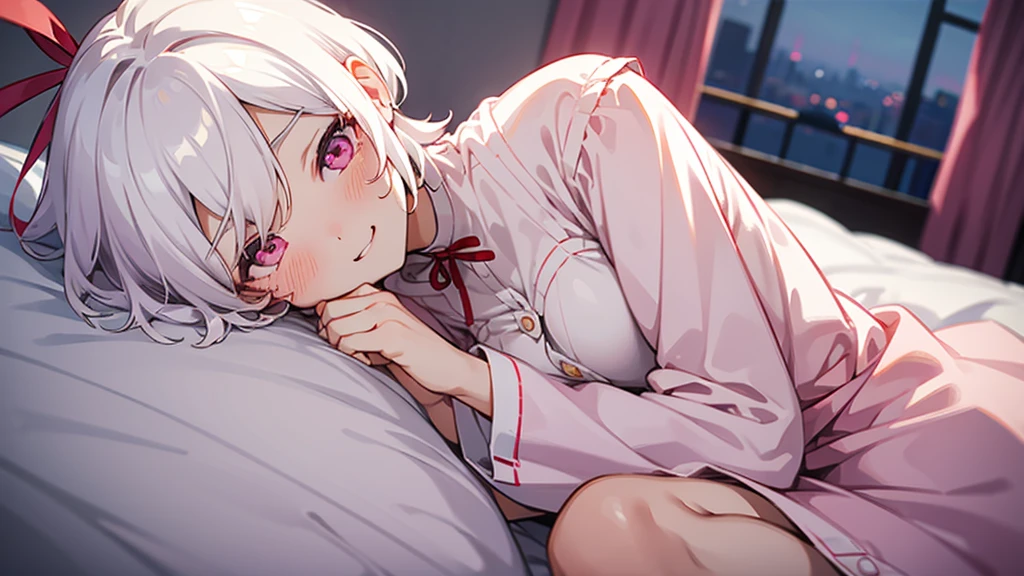 White Hair Girl、Pink Eyes、Short Hair、Only one girl、Night、In the bedroom、Blushing、laughing、Excited、Just One、Sitting on the bed、Sweating、Red ribbon on the right side of the head