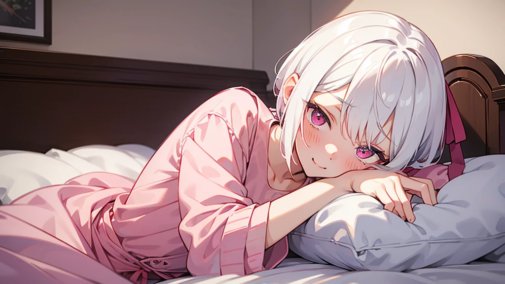 White Hair Girl、Pink Eyes、Short Hair、Only one girl、Night、In the bedroom、Blushing、laughing、Excited、Just One、Sitting on the bed、Sweating、Red ribbon on the right side of the head