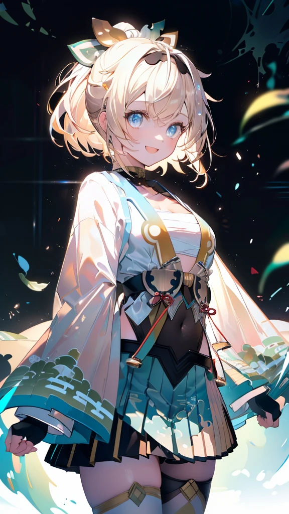 (Ultra-high resolution,masterpiece, Attention to detail, Highest quality), 8k,(1girl, kazama iroha, blonde hair, fingerless gloves, japanese clothes, white thighhighs, haori, black gloves, bangs, pleated skirt, ponytail, chest sarashi, Blue eyes, black hairband, hair ornament, leaf hair ornament, long sleeves, covered navel, breasts),(Blessed,Captivating body、Ultra-detailed skin、Super beautiful eyes、Detailed Background),One girl、 (cheerful ,enjoy :1.5),