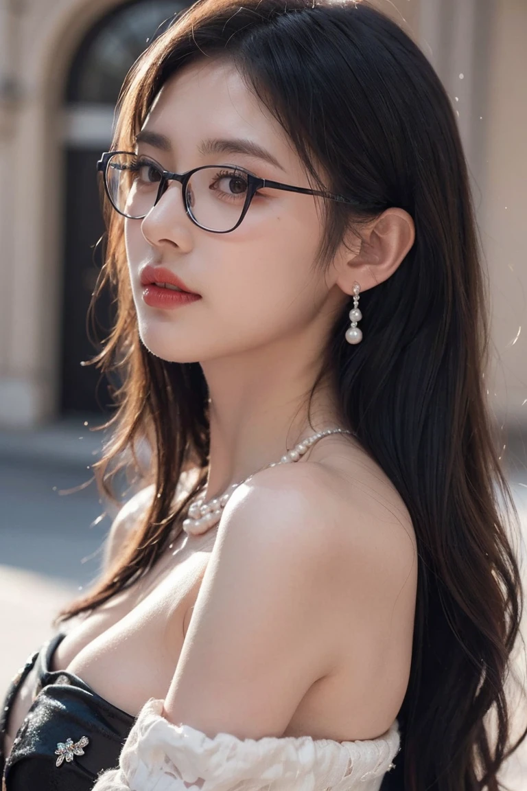 beautiful woman looking down at her phone, closeup side profile of woman's face, woman in black dress with off-the-shoulder sleeves, pearl earrings and necklace, wearing glasses, intense and longing gaze, high-quality realistic portrait photograph, natural skin tones, soft lighting, shallow depth of field, photorealistic, 8k, hyper-detailed, intricate details